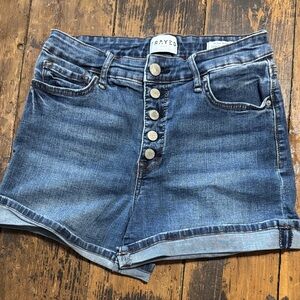 RAYE Distressed High-Rise Button-Fly Denim Shorts in Blue